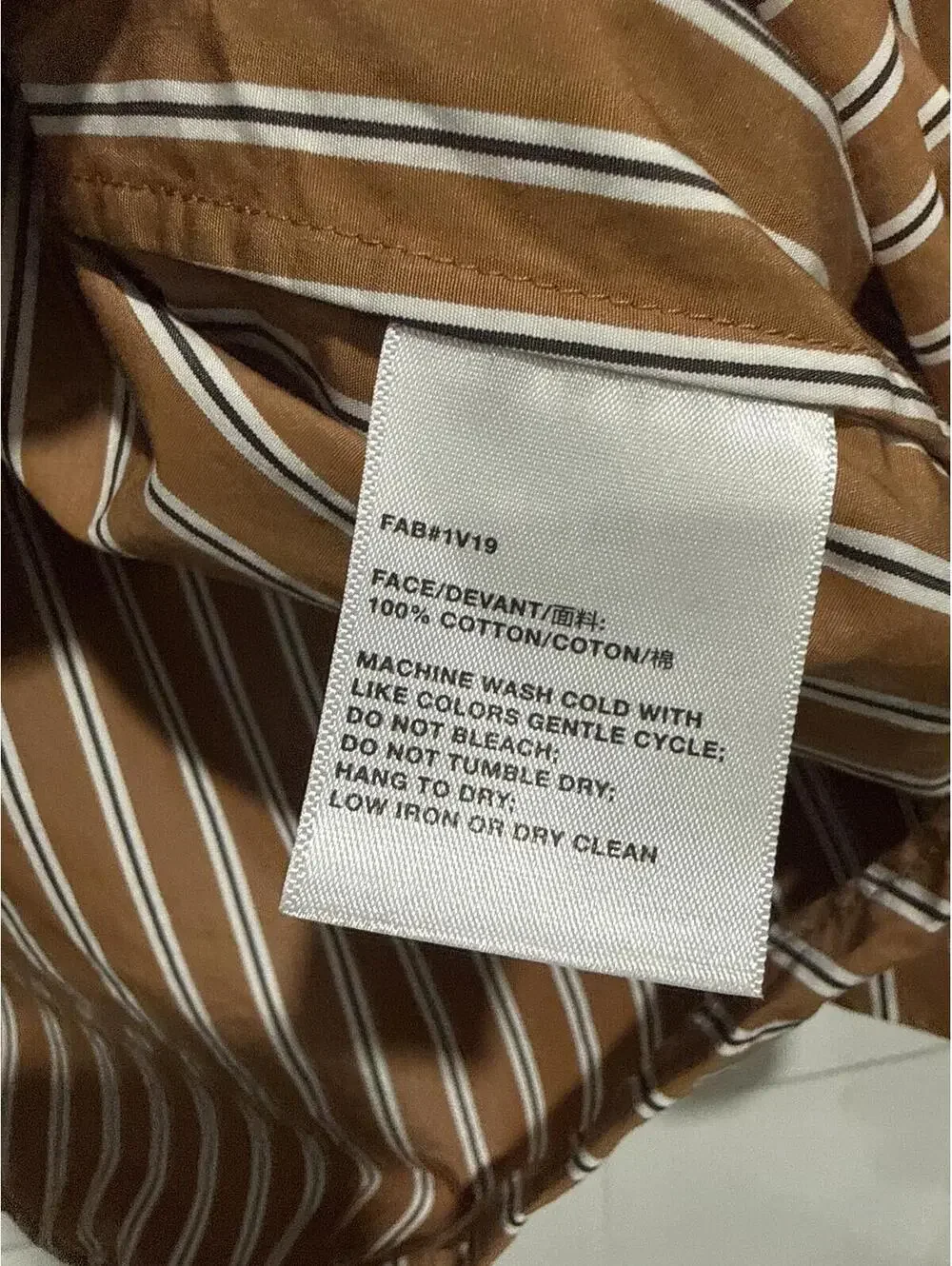 Lafayette 148 New York Brown, White & Black Striped Cotton Collared V-Neck Shirt - Picture 3 of 5